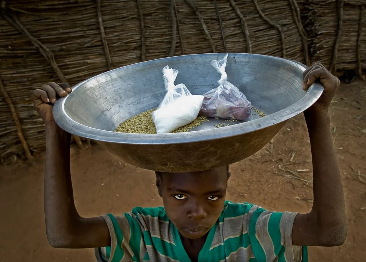 A boy carrying bartered grain home in a bowl at Djabal refugee camp, eastern Chad