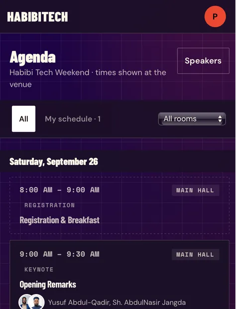 The Habibi Tech portal on a phone, showing Saturday's agenda: registration, the opening remarks and the morning keynotes with their rooms and speakers.